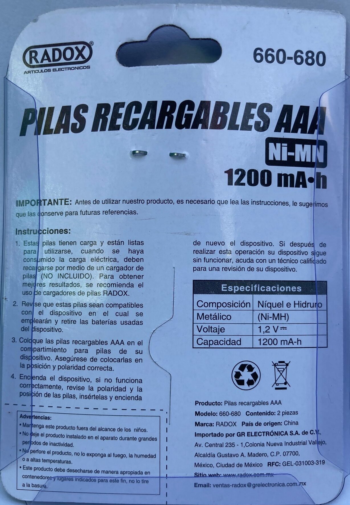 Pila recargable AAA RADOX 1,2V 1200mA-h